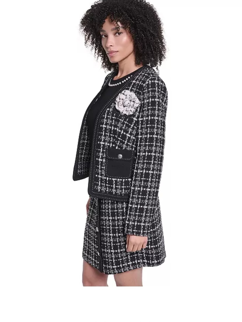 Karl Lagerfeld Black and White Tweed Jacket with Floral Pin